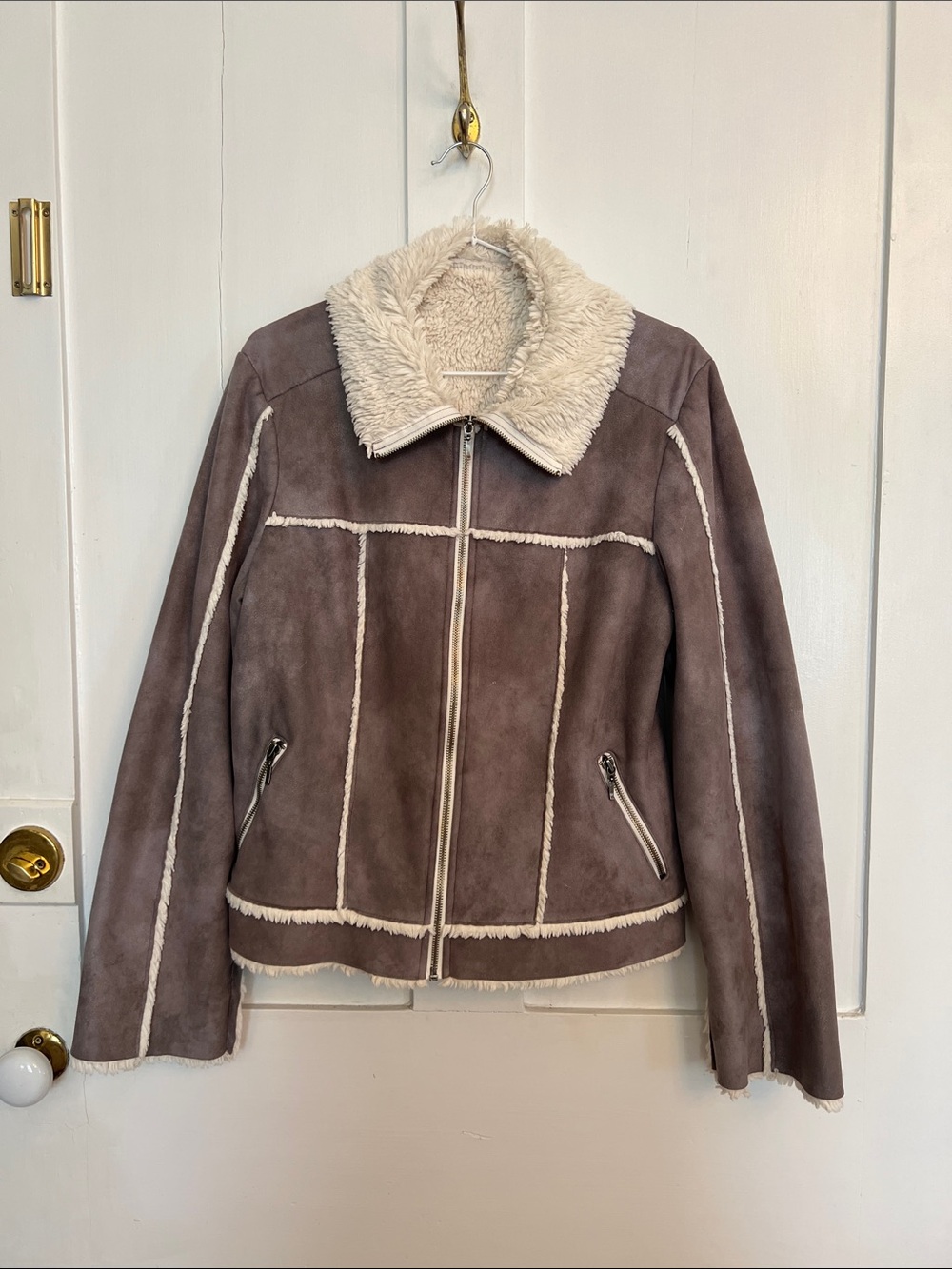 Designer Telluride Jacket Taupe Shearling-Trim Faux Suede Jacket - Women